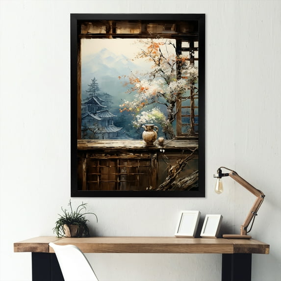 Designart "Vintage Japanese Panorama with Pink Florals III" Landscapes Framed Wall Art - Traditional White Japan Living Room Framed Canvas Art