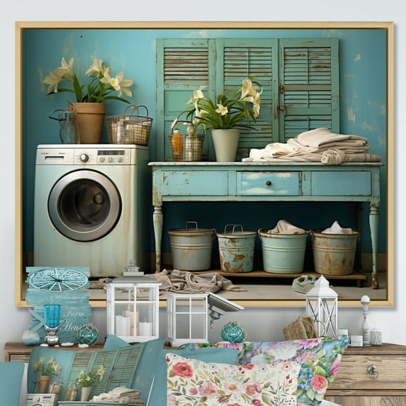 Designart "Vintage Laundry Room in Turquoise I" Bath & Laundry Floater Framed Canvas Print