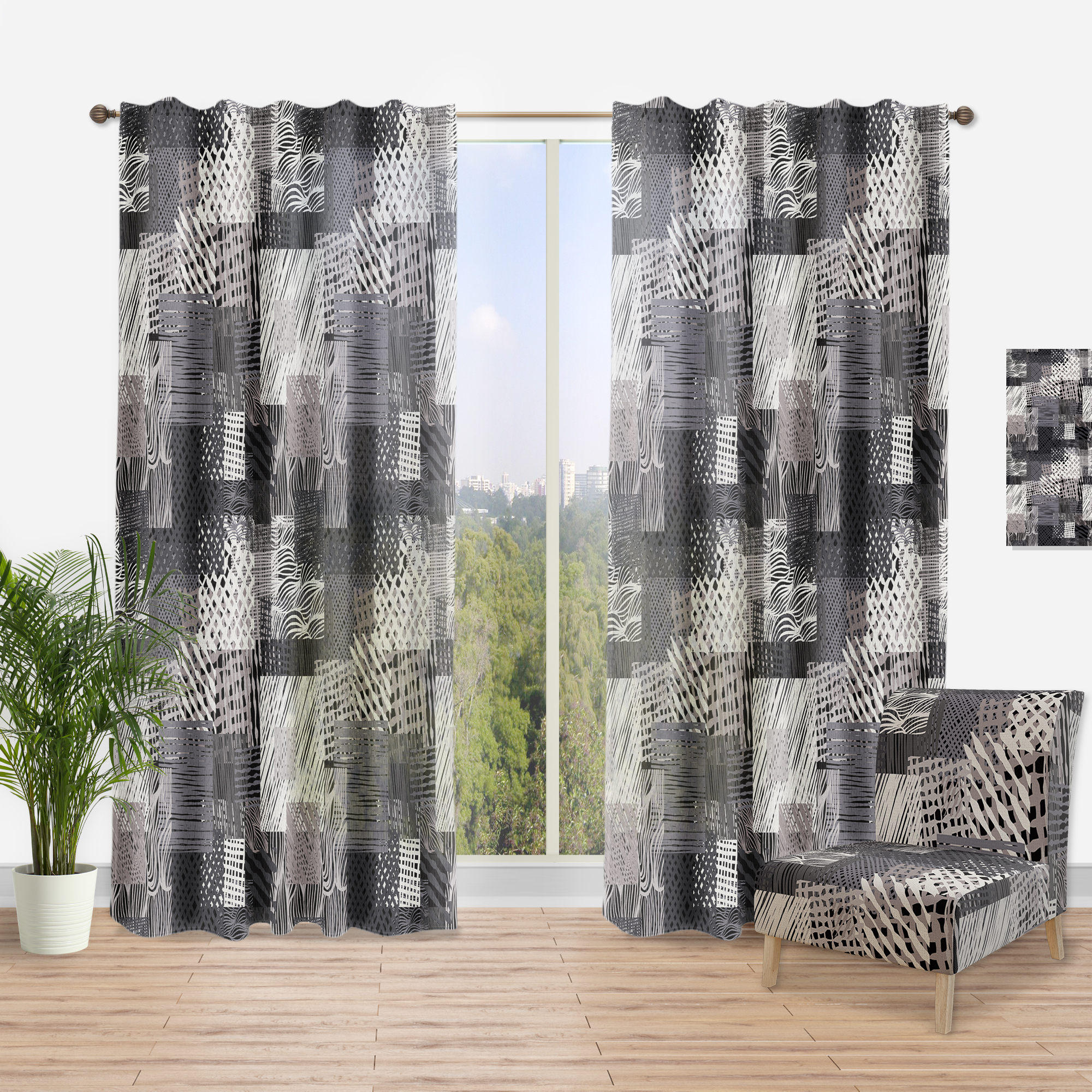 Designart 'Vintage Lines In Gray Shades' Mid-Century Modern Curtain Panel
