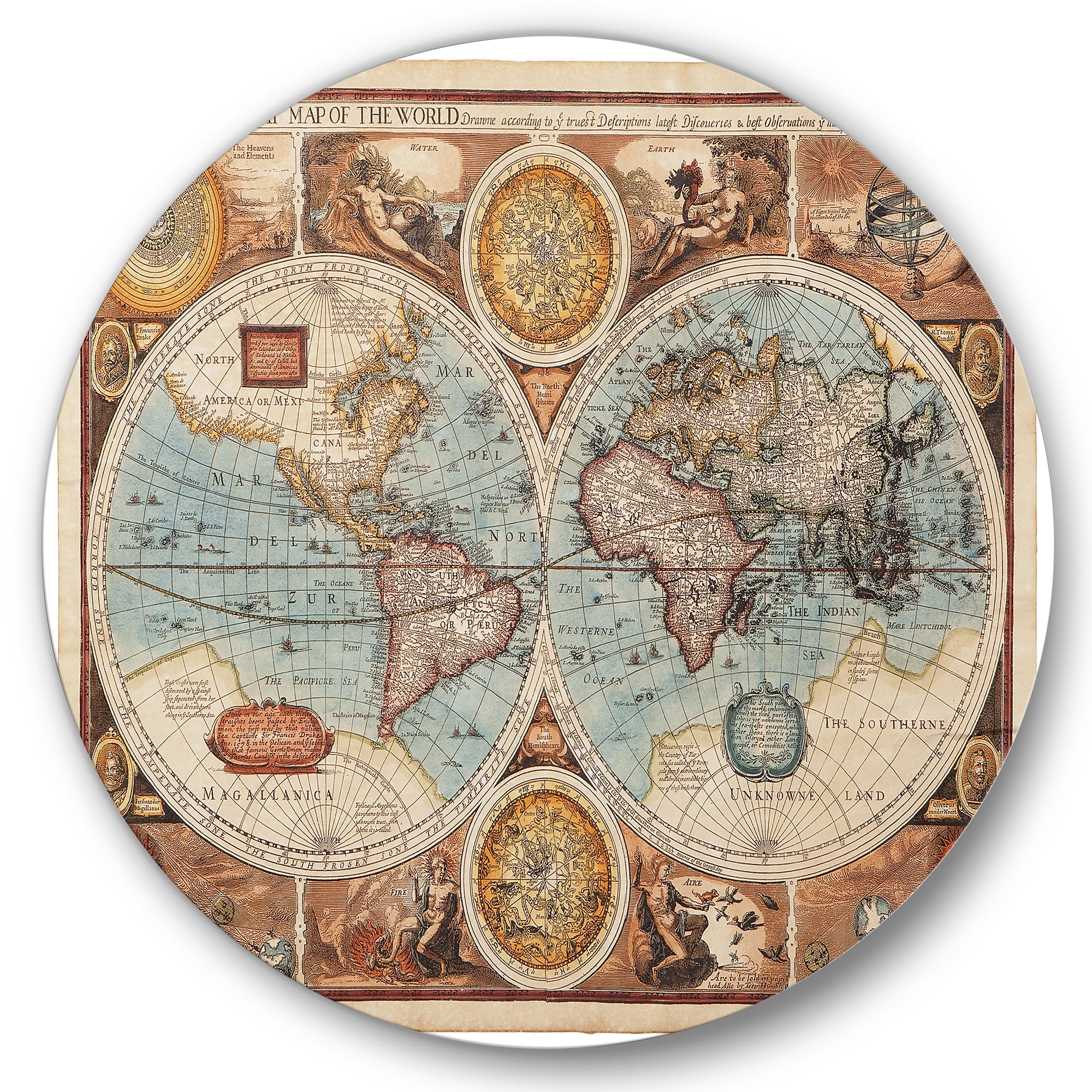 Designart 'Vintage Map of The World VIII' Vintage Circle Metal Wall Art 23x23 - Disc of 23