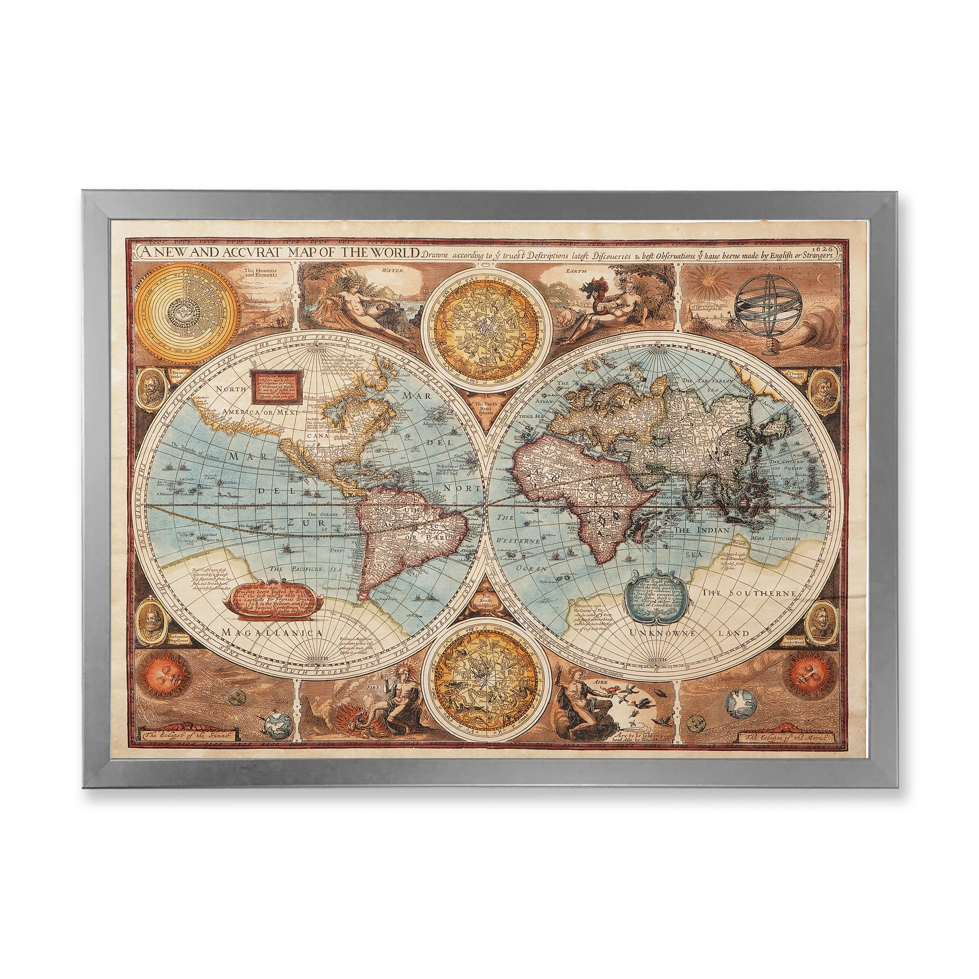 Designart 'Vintage Map of The World VIII' Vintage Framed Art Print