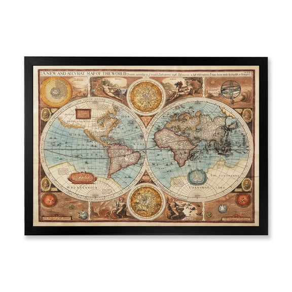 Designart 'Vintage Map of The World VIII' Vintage Framed Art Print