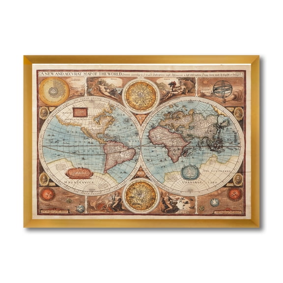 Designart 'Vintage Map of The World VIII' Vintage Framed Art Print