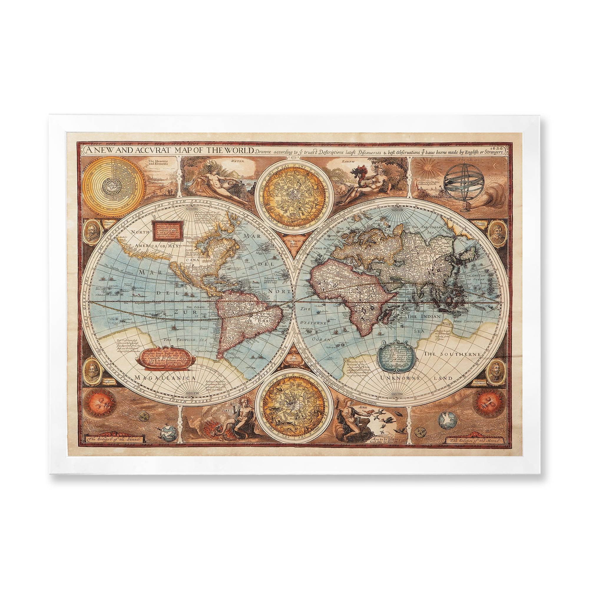 Designart 'Vintage Map of The World VIII' Vintage Framed Art Print