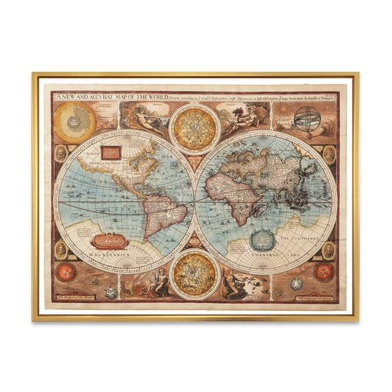 Designart 'Vintage Map of The World VIII' Vintage Framed Canvas Wall Art Print