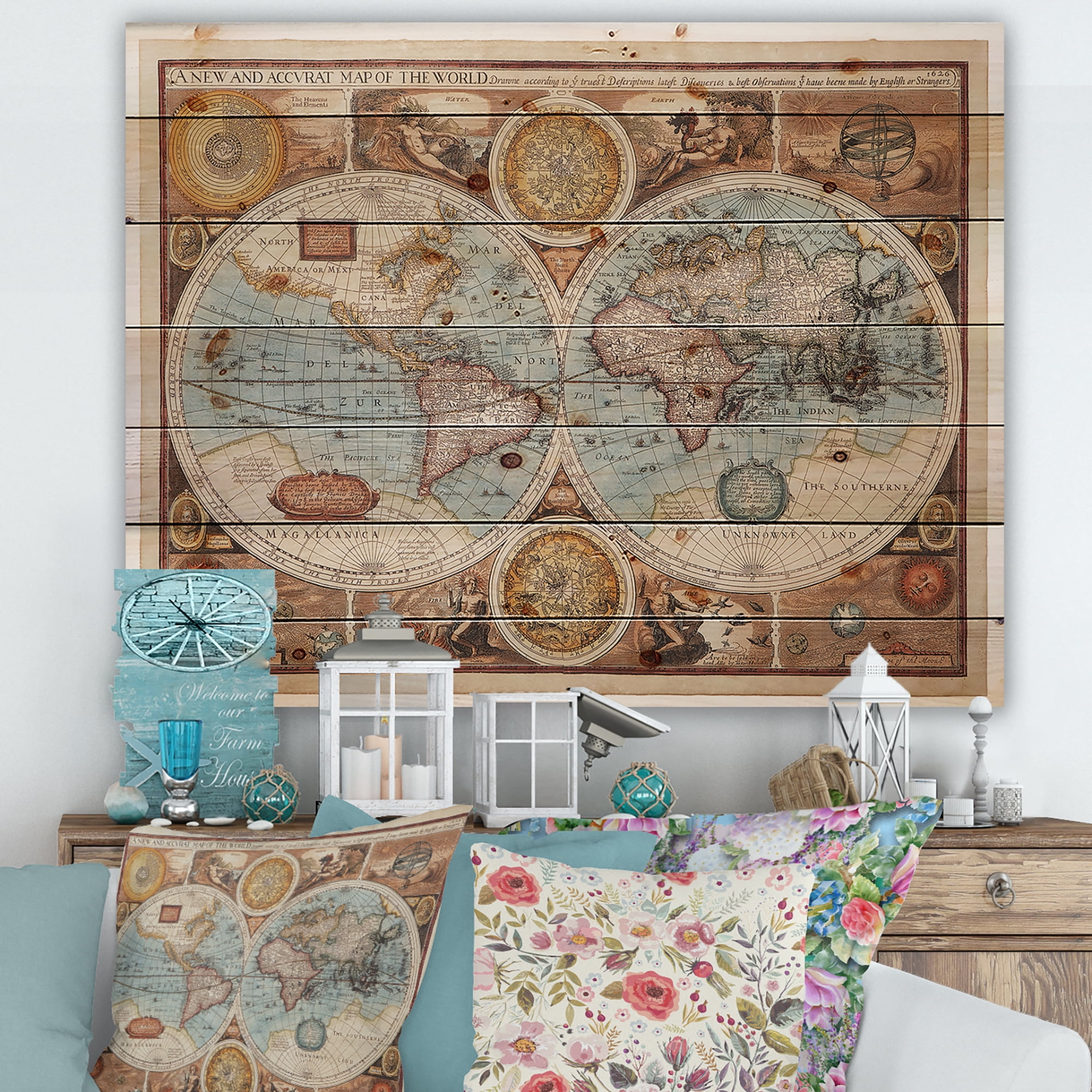 Designart 'Vintage Map of The World VIII' Vintage Print on Natural Pine Wood