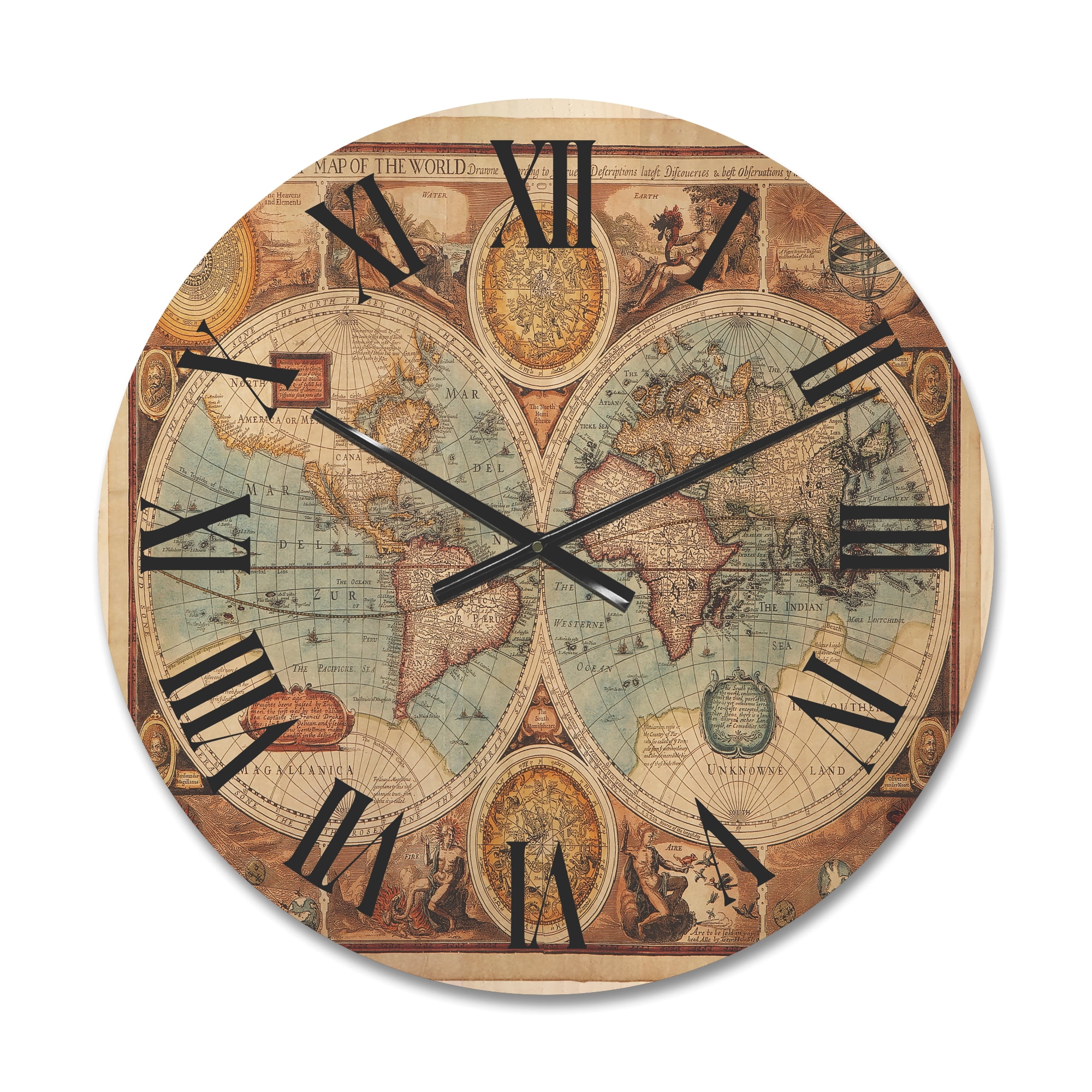 Designart 'Vintage Map of The World VIII' Vintage Wood Wall Clock ...