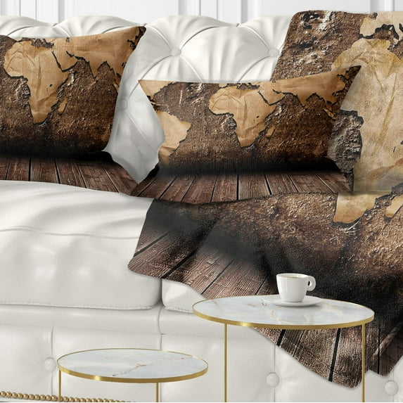 Designart Vintage Map with Wooden Floor - Contemporary Throw Pillow - 12x20