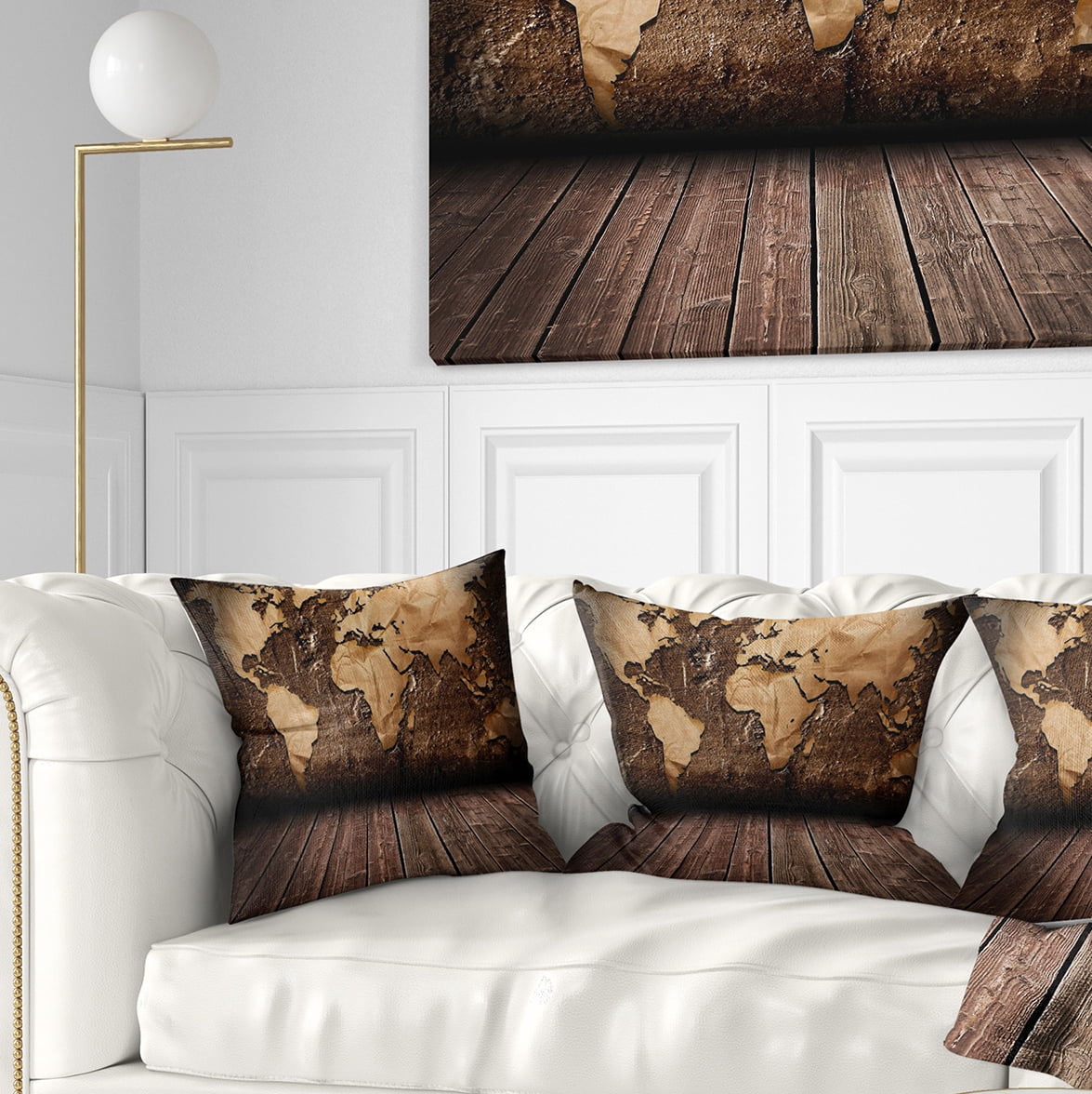 Designart Vintage Map with Wooden Floor - Contemporary Throw Pillow - 16x16