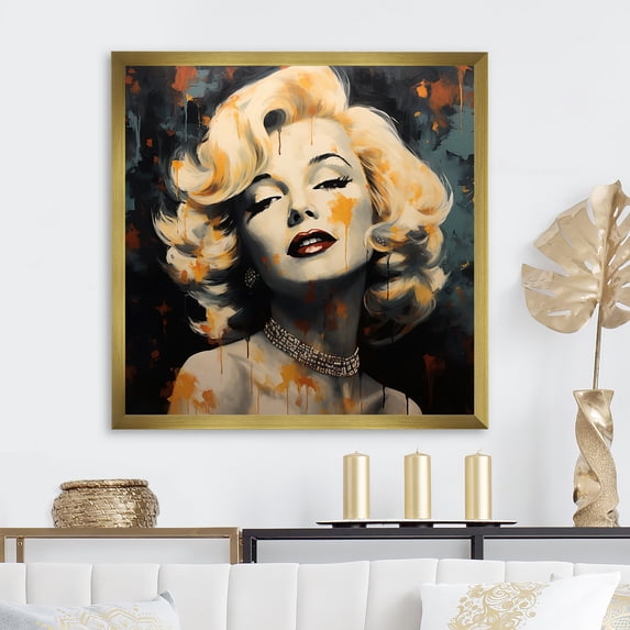 Designart "Vintage Marilyn Monroe in Yellow and Beige I" Fashion Framed Wall Art Decor - Glam Beige Woman Pop Art Bedroom Framed Canvas Wall Art