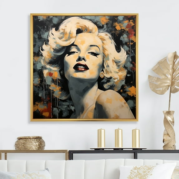Designart "Vintage Marilyn Monroe in Yellow and Beige II" Fashion Framed Wall Art - Glam Beige Woman Pop Art Entryway Framed Wall Art Print
