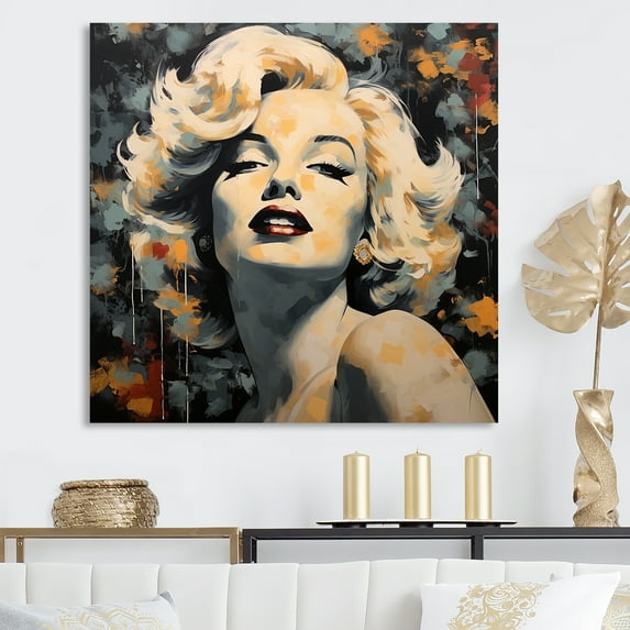 Designart "Vintage Marilyn Monroe in Yellow and Beige II" Fashion Wall Art - Glam Beige Woman Pop Art Bedroom Canvas Wall Art