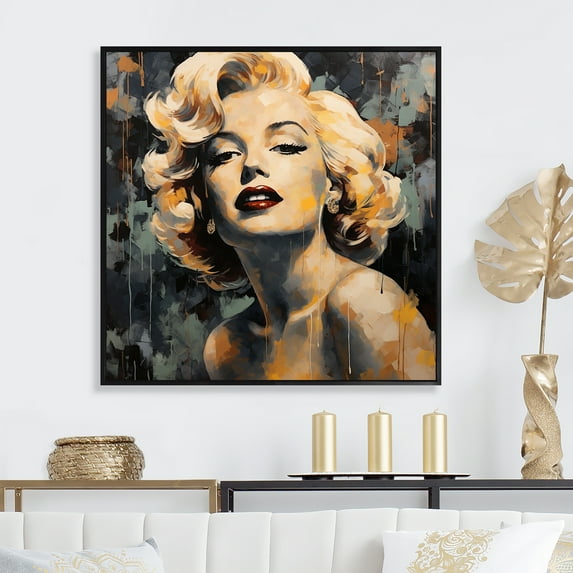 Designart "Vintage Marilyn Monroe in Yellow and Beige III" Fashion Framed Wall Art - Glam Beige Woman Pop Art Entryway Framed Wall Art