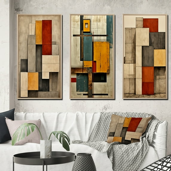 Designart "Vintage Minimalism Beauty in Geometry II" Modern Geometric Framed Wall Art Set Of 3 - Red Abstract Geometric Frame Canvas Set For Living Room Decor