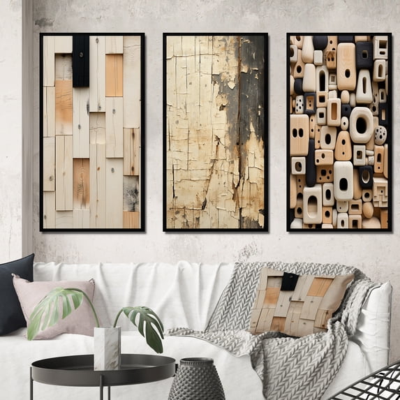 Designart "Vintage Minimalism New Order Abstract" Modern Geometric Framed Wall Art Set Of 3 - Beige Abstract Frame Gallery Set For Office Decor