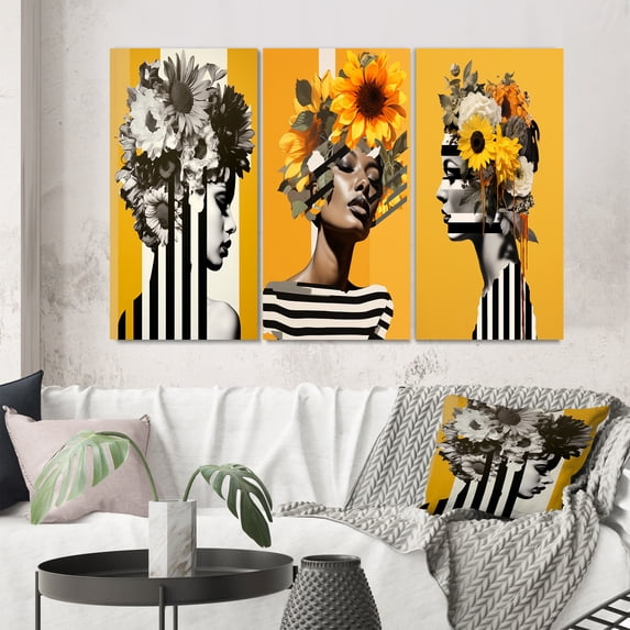 Designart "Vintage Minimalism Woman amidst Flowers II" Woman Floral Wall Art Set Of 3 - Glam Yellow Canvas Set For Living Room Decor