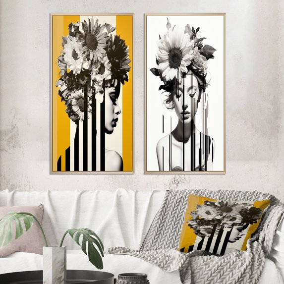 Designart "Vintage Minimalism Woman amidst Flowers VIII" Woman Floral Framed Wall Art Set Of 2 - Glam Yellow Gallery Wall Frame Set For Home Decor