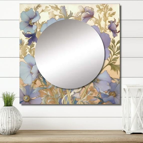 Designart "Vintage Montage Flourishing White Chrysanthemum" Wildflowers Purple Large Square Mirror - Square Bedroom Mirror Printed Wall Decor - Traditional Square Printed Wall Mirror Art