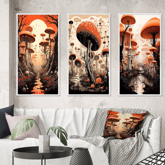 Designart "Vintage Mushroom Magic Mystical Landscapes I" Abstract Landscape Framed Wall Art Set Of 3 - Orange Abstract Landscapes Frame Gallery Set For Office Decor
