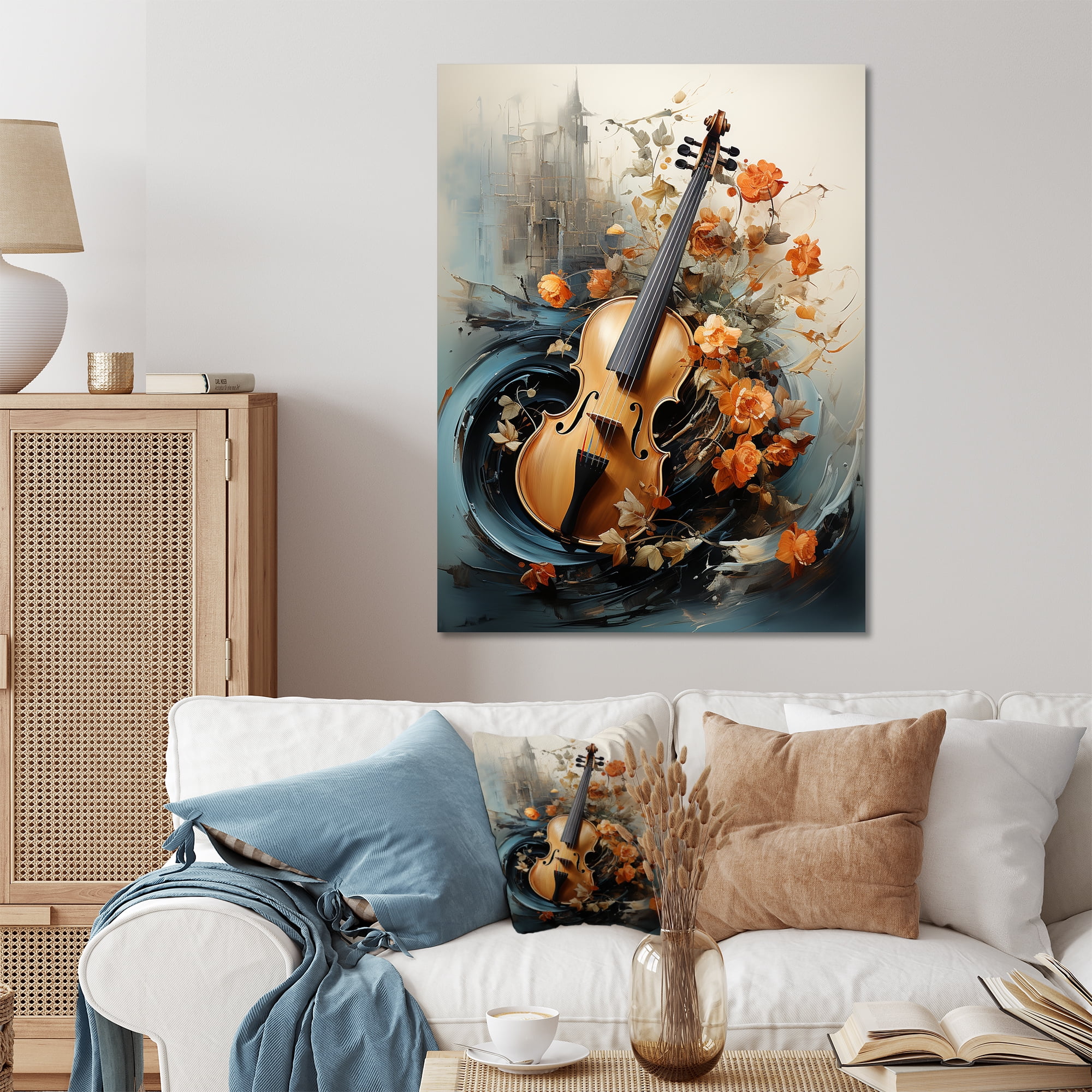 Designart "Vintage Music Violin Melody II In Yellow and Grey"Music