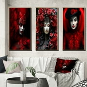 Designart "Vintage Mystery Scarlet Beauty I" Fashion Woman Framed Wall Art Set Of 3 - Red Glam Frame Gallery Wall Set For Home Decor