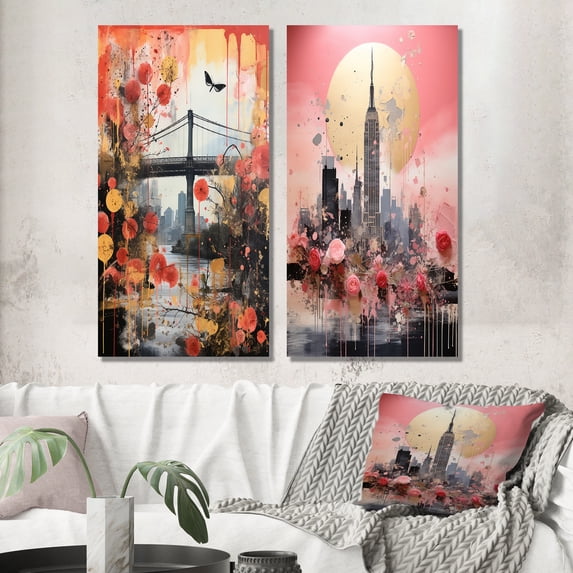 Designart "Vintage New York with Empire State Building" City New York Wall Art Set Of 2 - Traditional Pink Gallery Set For Office Decor