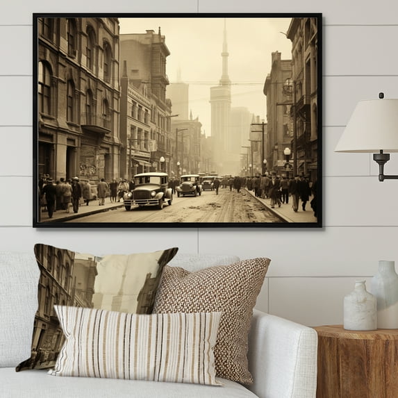 Designart "Vintage Nostalgia in the Heart of Toronto City I" Cityscapes Floater Framed Canvas Print