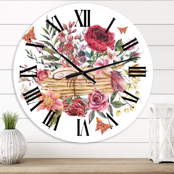 Designart 'Vintage Old Letters With Wildflowers' Farmhouse Wall Clock