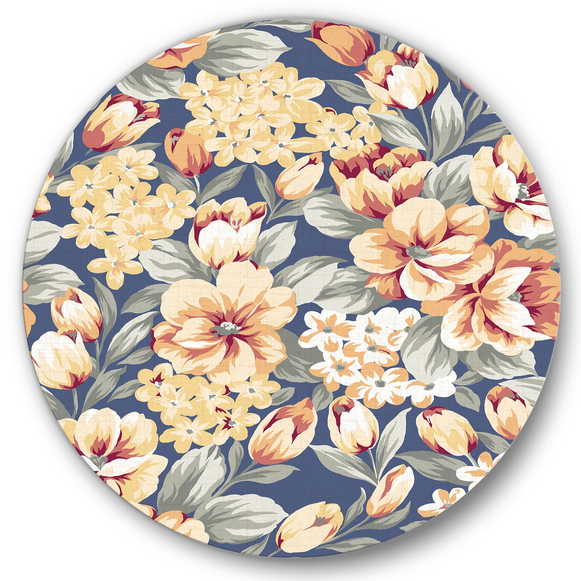 Designart 'Vintage Orange and Yellow Flowers' Traditional Circle Metal Wall Art 11x11 - Disc of 11