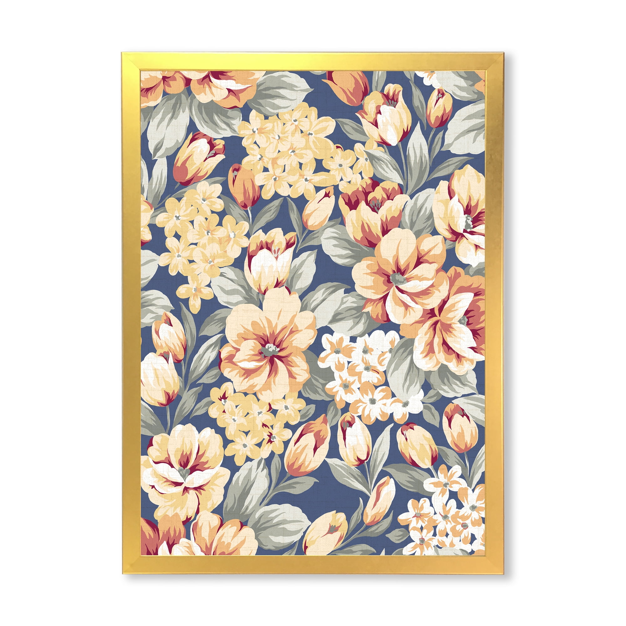 Designart 'Vintage Orange and Yellow Flowers' Traditional Framed Art Print