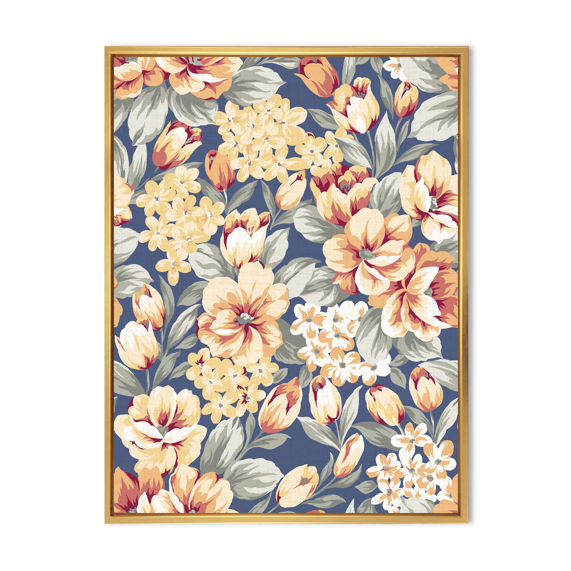 Designart 'Vintage Orange and Yellow Flowers' Traditional Framed Canvas Wall Art Print