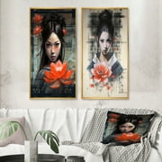 Designart "Vintage Oriental Beauty with Lotus Flower II" Japon Woman Framed Wall Art Set Of 2 - Glam Red Framed Wall Art Set Of 2