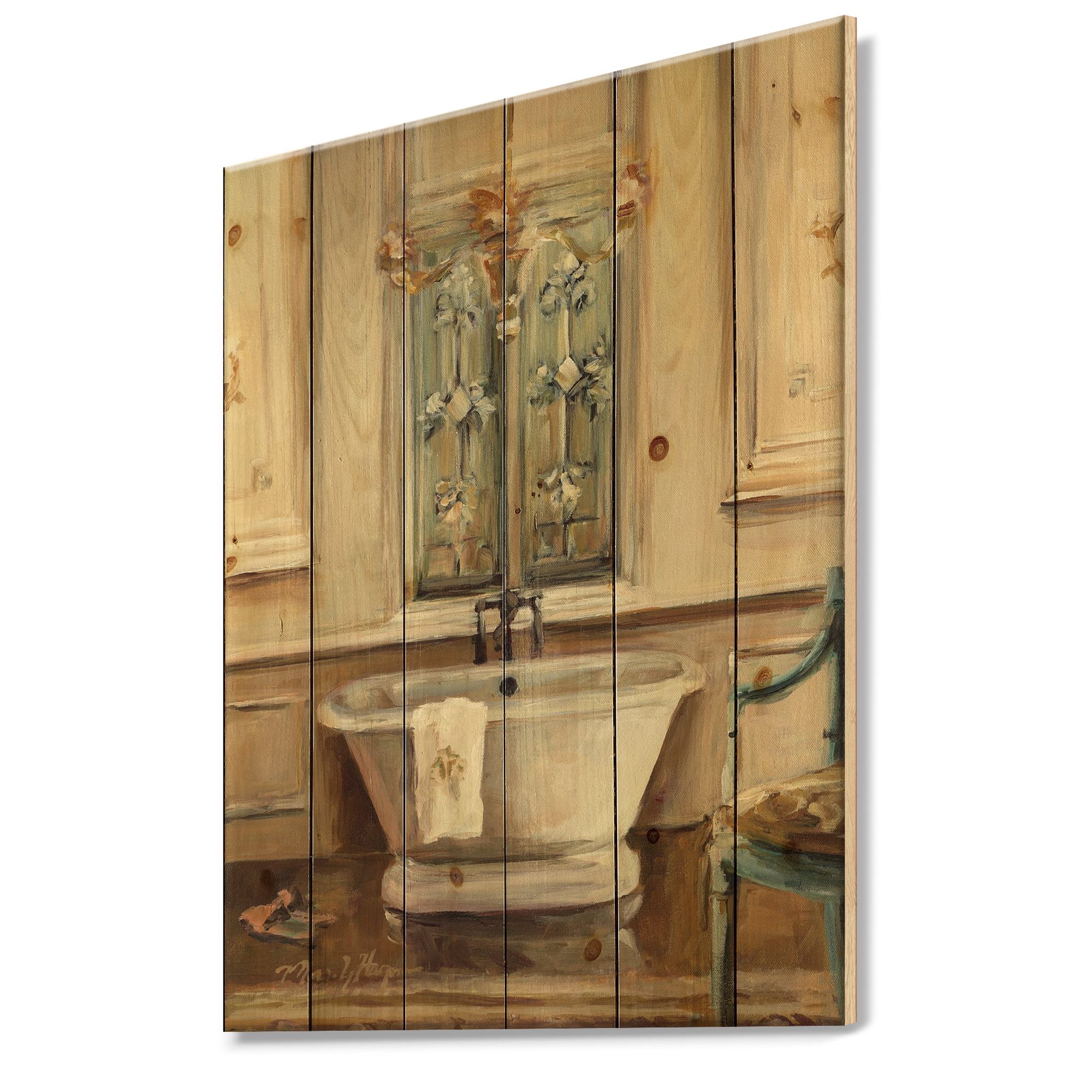 Designart 'Vintage Paris Bathtub Painting ' Traditional Bathroom Print on Natural Pine Wood