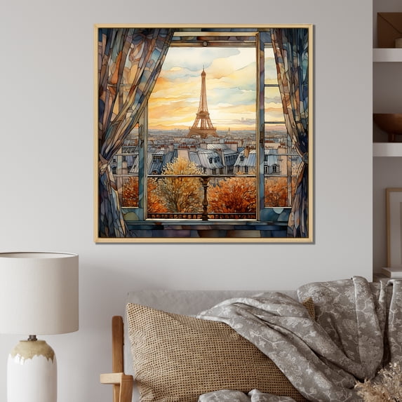 Designart "Vintage Paris Through the Window I" Cityscapes Framed Wall Art - Industrial Orange Paris Entryway Framed Wall Art