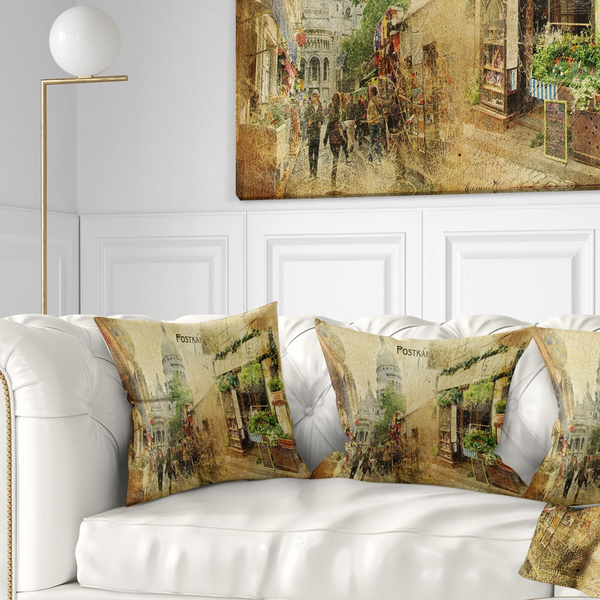 Designart Vintage Parisian Cards - Contemporary Throw Pillow - 18x18