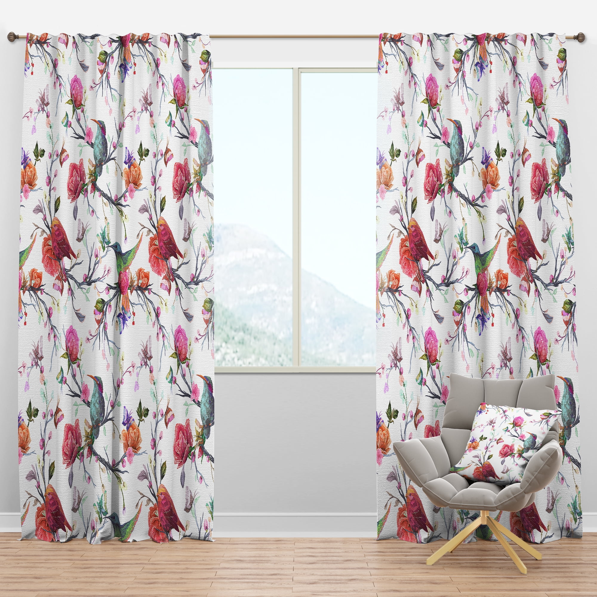 Designart 'Vintage Pattern: Flowers, Bird, Leaves' Farmhouse Blackout Curtain Panel