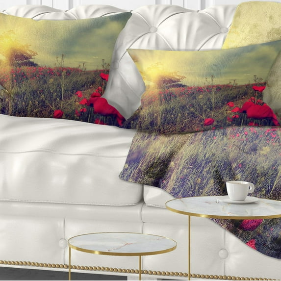 Designart Vintage Photo of Poppies at Sunset - Floral Throw Pillow - 12x20