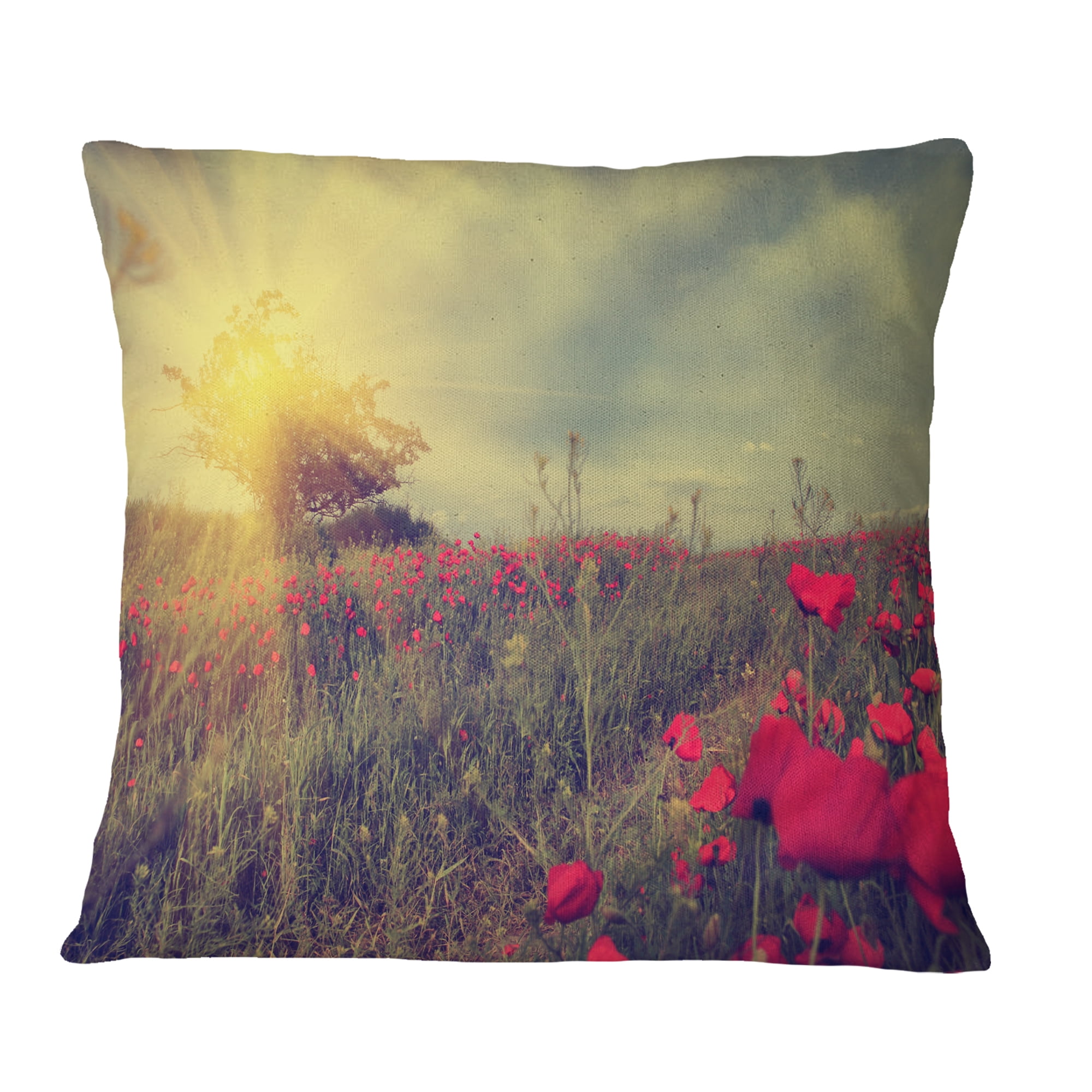 Designart Vintage Photo of Poppies at Sunset - Floral Throw Pillow - 18x18