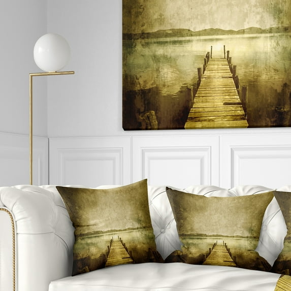 Designart Vintage Pier Over Lake - Landscape Printed Throw Pillow - 16x16