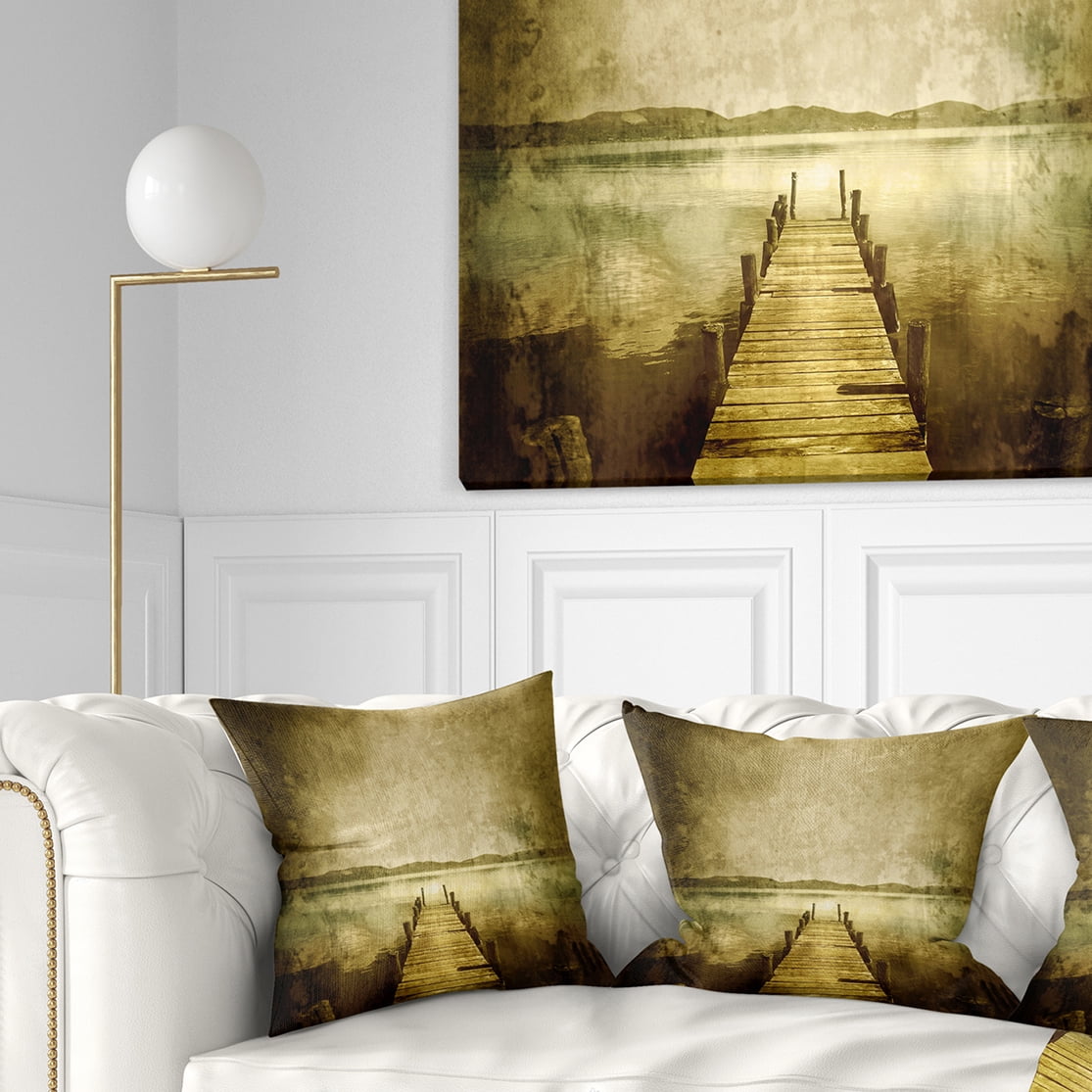 Designart Vintage Pier Over Lake - Landscape Printed Throw Pillow - 18x18