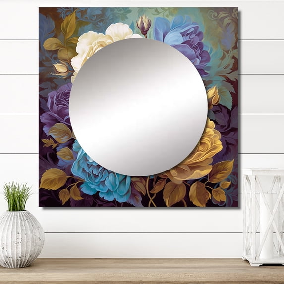 Designart "Vintage Pink Blue And White Roses in Bloom I" Rose Square Mirror For Wall Decor - Large Purple Square Printed Wall Mirror Art - Wall Mounted Square Large Mirror