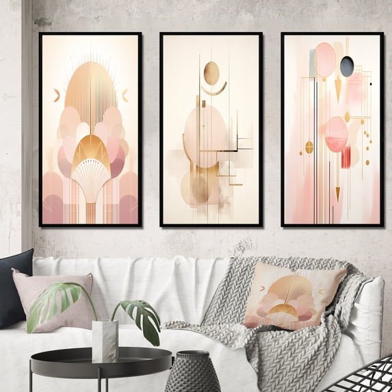 Designart "Vintage Pink Circular Geometric Harmony II" Modern Geometric Framed Wall Art Set Of 3 - Pink Abstract Frame Gallery Set For Office Decor