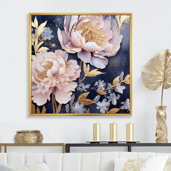 Designart "Vintage Pink Peonies On A Blue Background" Poppies Floater Framed Wall Decor