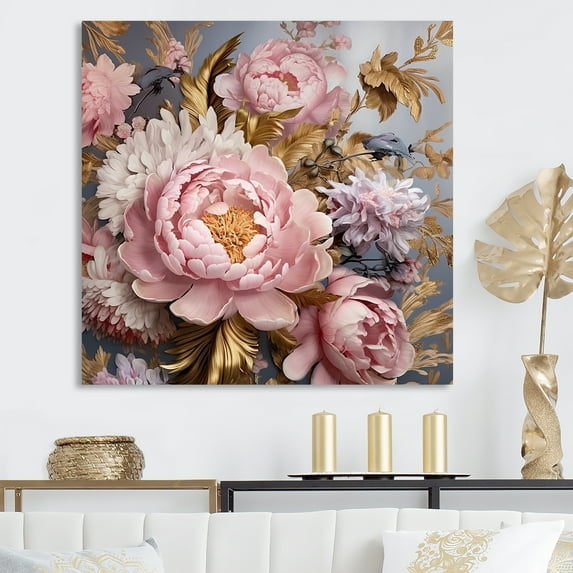 Designart "Vintage Pink Peonies With Gilded Leaves I" Poppies Wall Art Living Room