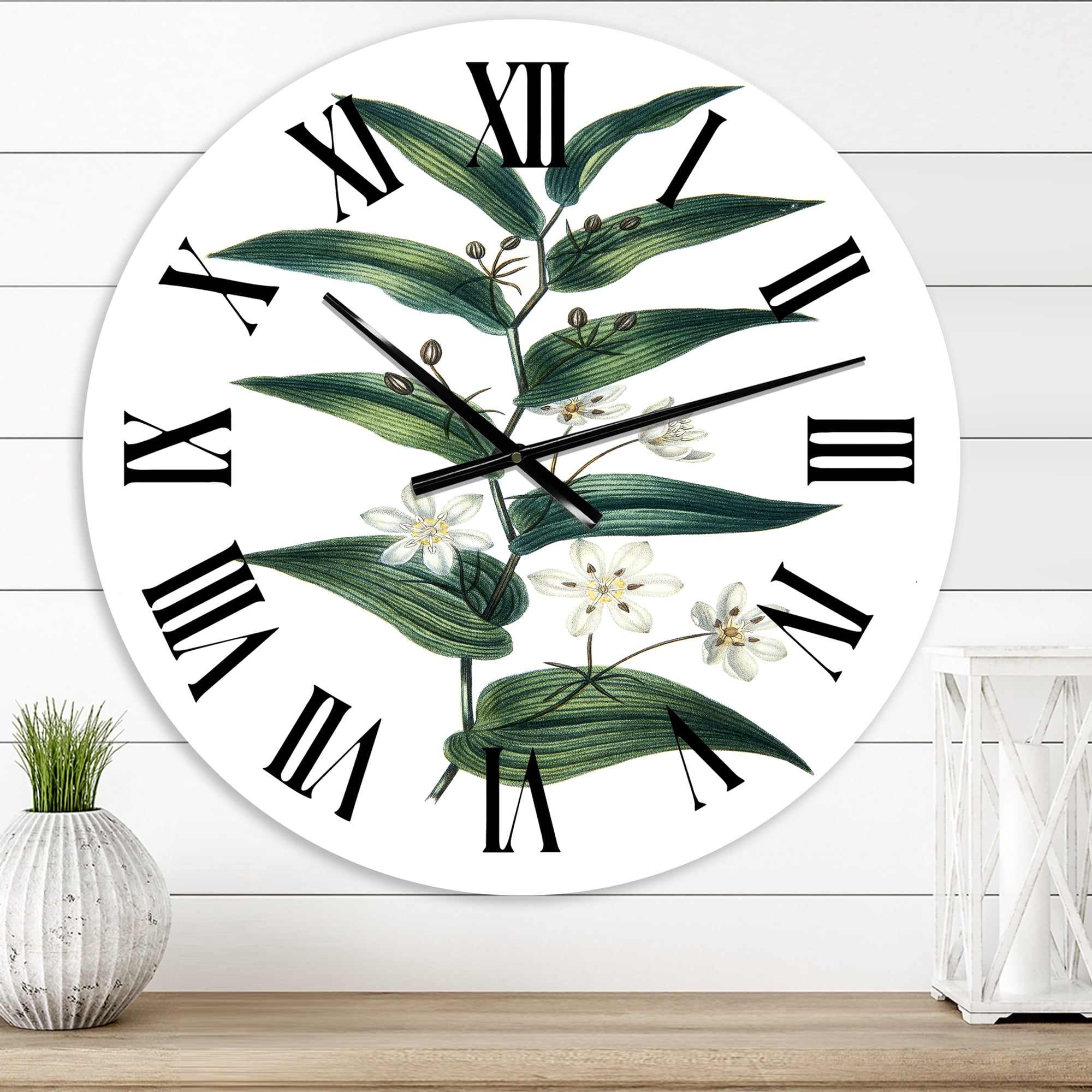 Designart 'Vintage Plant With Little White Flowers' Farmhouse Wall Clock