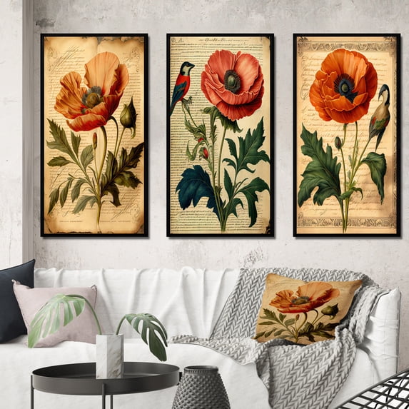 Designart "Vintage Poppy in Full Bloom I" Floral Poppy Framed Wall Art Set Of 3 - Red Traditional Frame Canvas Set For Living Room Decor