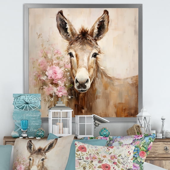 Designart "Vintage Portrait of Brown Donkey I" Animals Framed Wall Art Decor - Modern Brown Donkey Living Room Framed Canvas Art