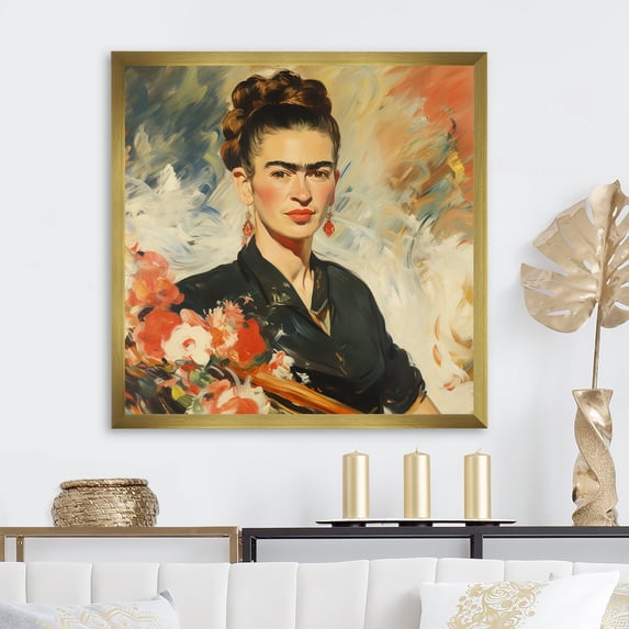 Designart "Vintage Portrait of Frida" Fashion Framed Wall Art Decor - Glam Orange Woman Mexican Hallway Framed Wall Art Decor