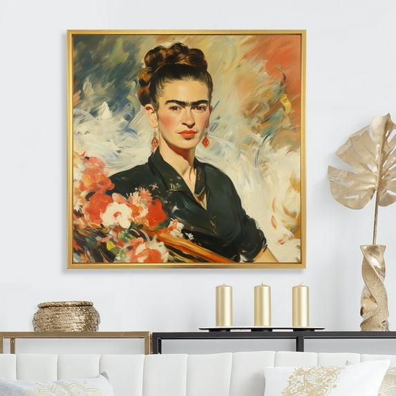 Designart "Vintage Portrait of Frida" Fashion Framed Wall Art Decor - Glam Orange Woman Mexican Hallway Framed Wall Art Decor