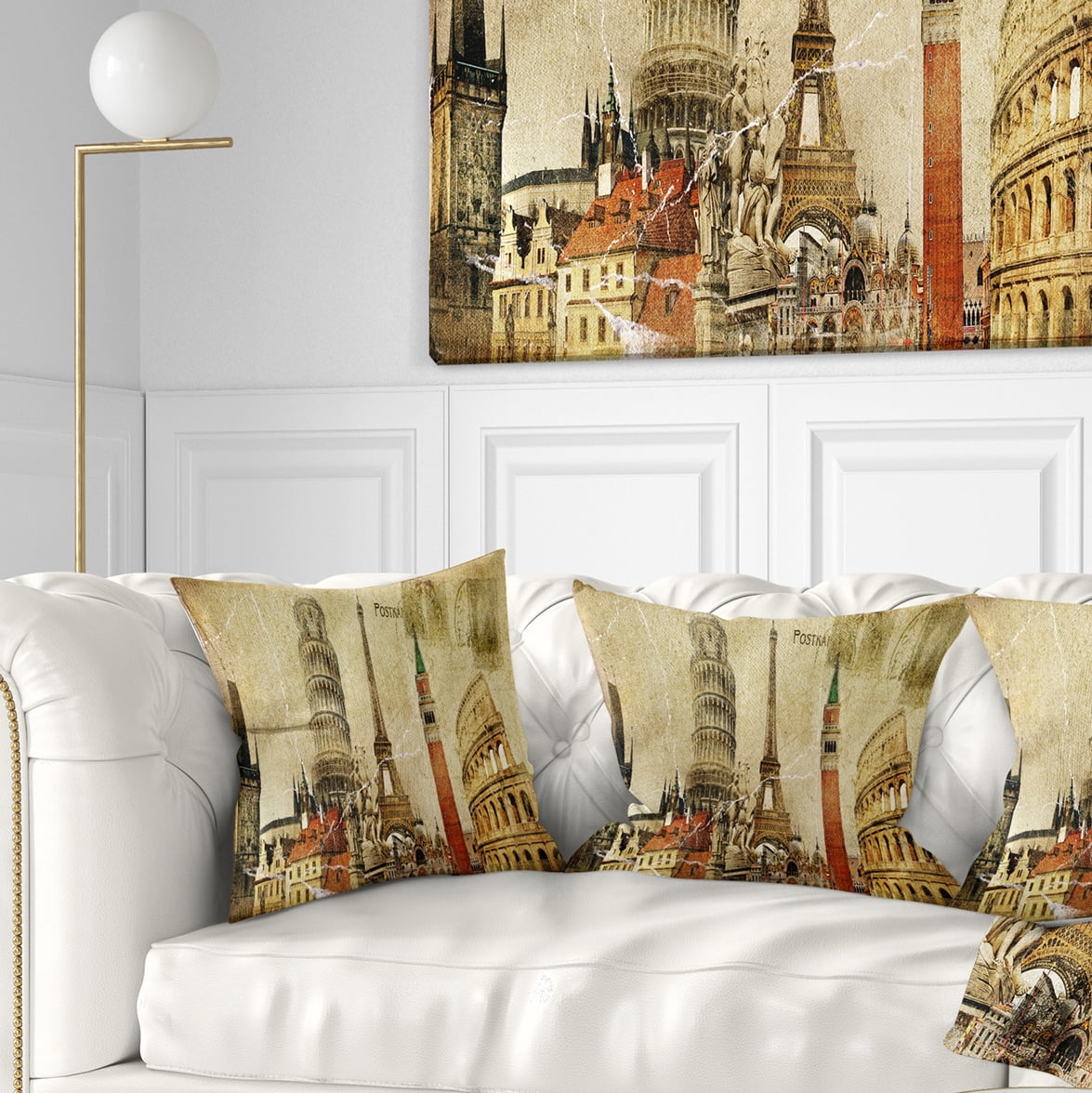 Designart Vintage Postal Card - Contemporary Throw Pillow - 18x18
